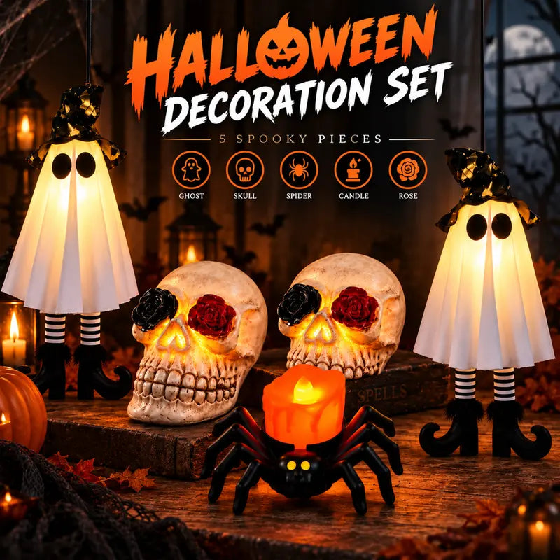 7PCS Halloween LED Decorations Set - Ghost Hanging Ornaments, Light-Up Skull Props, Spider Tealight Candles - Spooky Festive Decor for Home Room, Haunted House Events