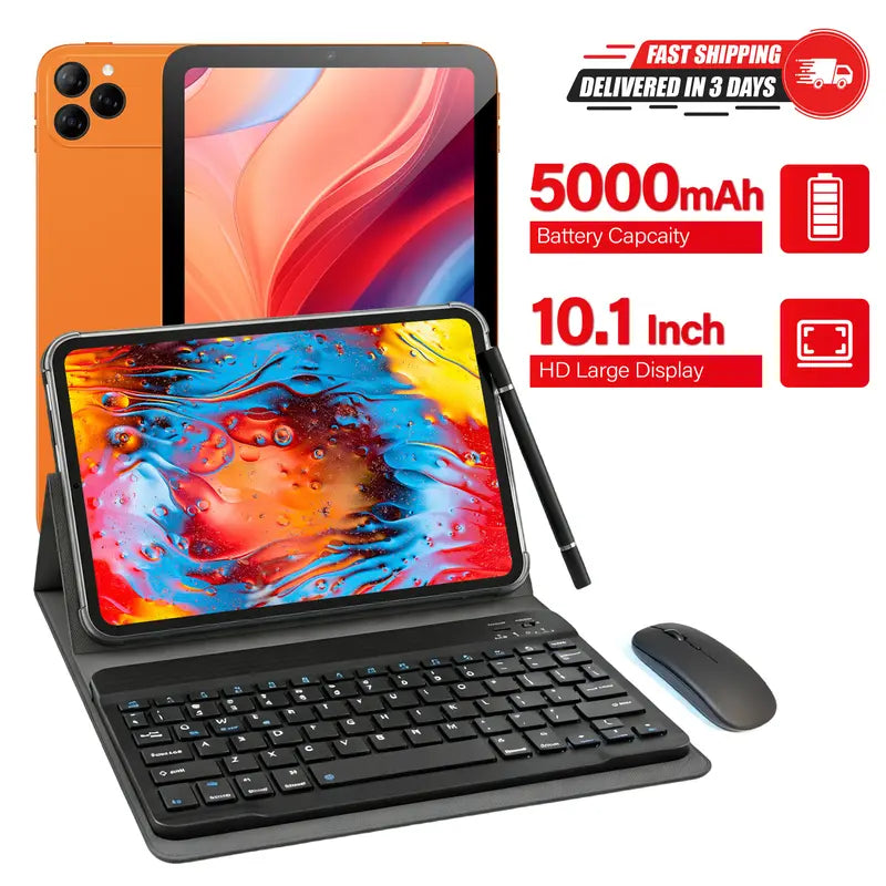 HDM 10.1 Inch Android Tablet Bundle with Keyboard, Mouse, Stylus and Case, 256GB Storage Expandable, 5000mAh, WiFi Tablet for Students, Family and Office