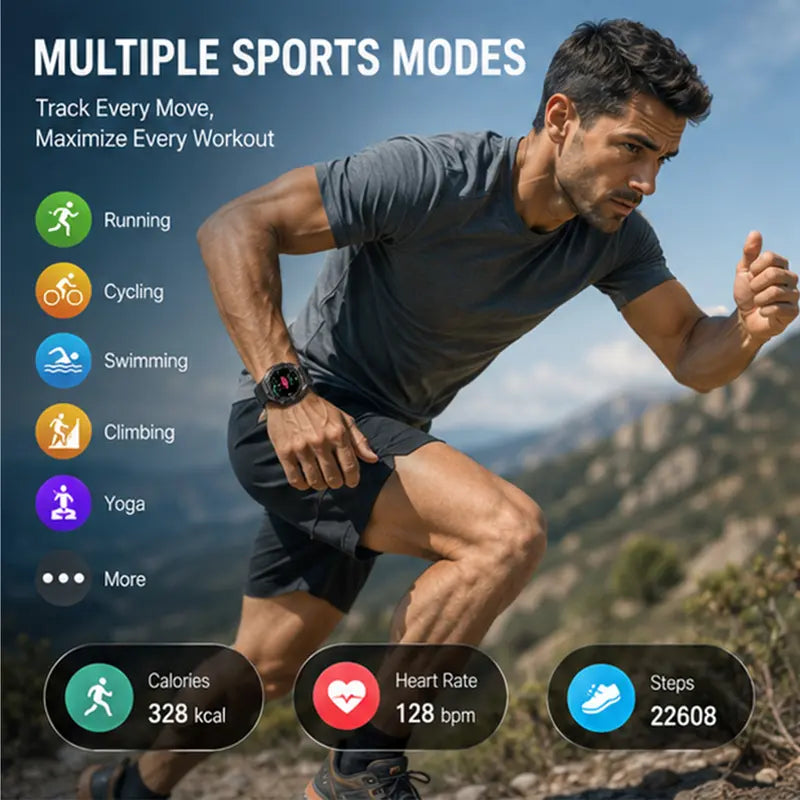 Round Durable Smartwatch for Men & Women, 1.39" HD Screen, Bluetooth Calling, Built-in Speaker, Compass, 1ATM Water Resistant, Steel Case, Fast Chargeable Android Smart Wearable Device, Outdoor & Daily Wear
