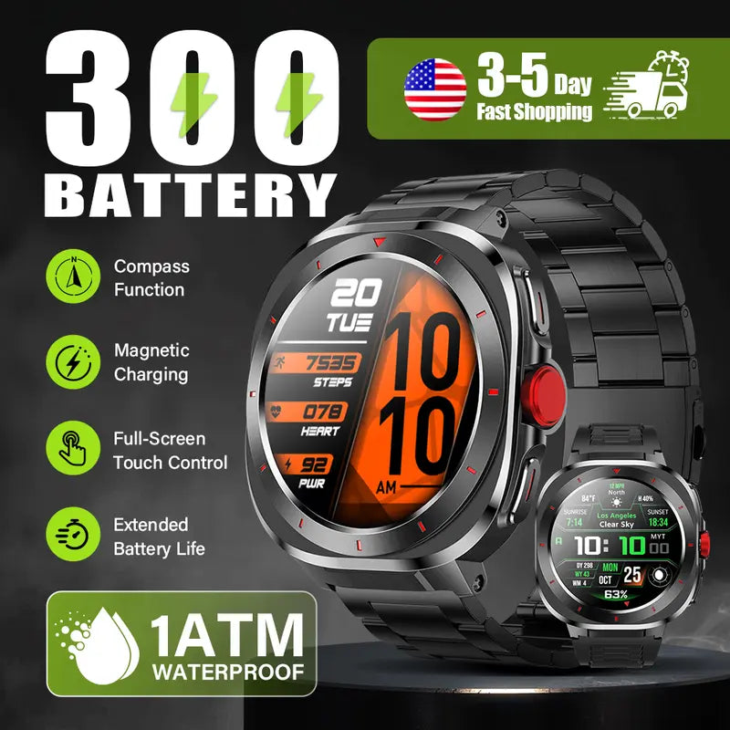 HDM Adventure Smart Wristwatch - 1.39" Ultra-Vivid HD Round Screen, 1ATM Water Resistance, Compass, Bluetooth Calling, Steel Build, iOS/Android Compatible