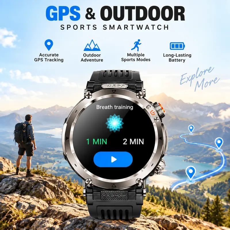 HDM Outdoor Smartwatch, 1.7 Inch Round Touchscreen, Bluetooth Calling, Fitness Tracker, Magnetic Charging, IP68, iOS & Android Compatible
