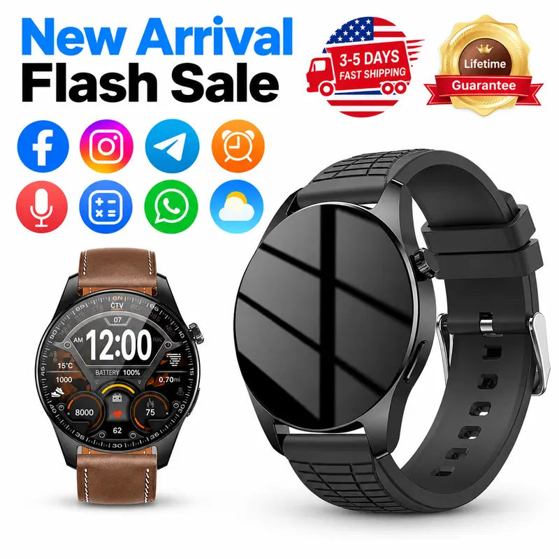 Smartwatch for Men & Women, 1.43" AMOLED Touchscreen, Bluetooth Calling, 120 Sports Modes, Health Monitoring & Sleep Tracking, Music Control, 128MB Storage, Rechargeable Long-Lasting Battery, Android Devices Compatible, Fast Charging Support