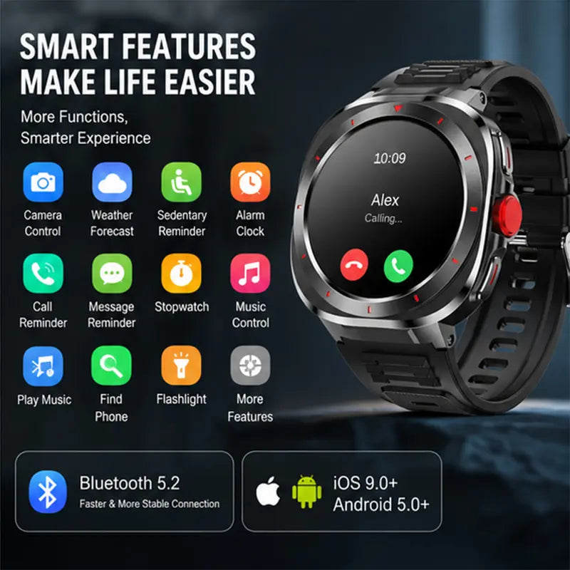 Round Durable Smartwatch for Men & Women, 1.39" HD Screen, Bluetooth Calling, Built-in Speaker, Compass, 1ATM Water Resistant, Steel Case, Fast Chargeable Android Smart Wearable Device, Outdoor & Daily Wear