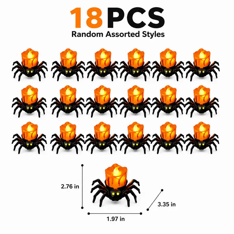 18-Piece LED Spider Tealight Set - Flameless Battery-Powered Lighted Ornaments, 3-Dimensional Design, Ambient Lighting Home Decor, Festive Spooky Party Supplies, All-Season Safe