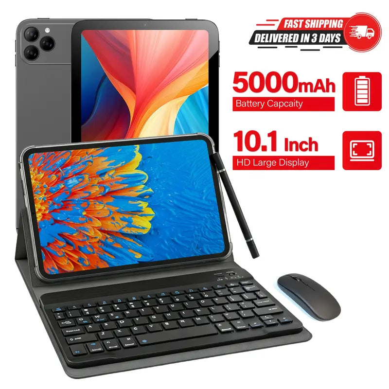 HDM 10.1 Inch Android Tablet Bundle with Keyboard, Mouse, Stylus and Case, 256GB Storage Expandable, 5000mAh, WiFi Tablet for Students, Family and Office