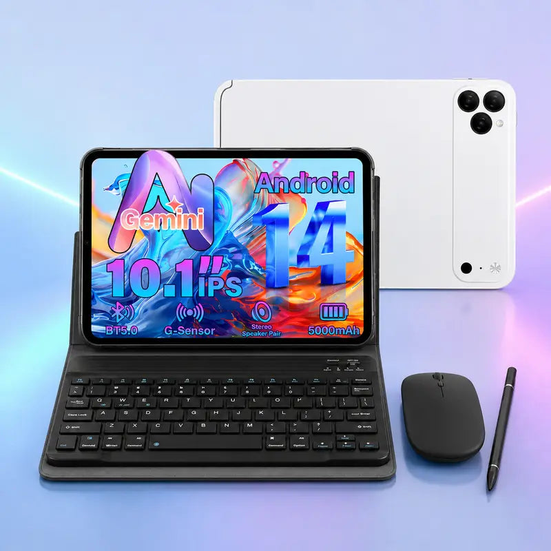 HDM 10.1 Inch Android Tablet Bundle with Keyboard, Mouse, Stylus and Case, 256GB Storage Expandable, 5000mAh, WiFi Tablet for Students, Family and Office