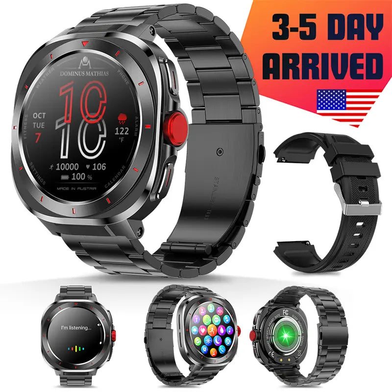 HDM New Arrival Fitness Wearable Smartwatch - Black Steel & Silicone Strap, Upgraded IP68 Waterproof, Bluetooth Calling, 24/7 HR+SpO2 Monitoring, 120+ Sports Modes, Alarm Clock, Music Player, 300mAh Long Battery, Fast Charging for iOS & Android
