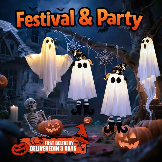 3 Pcs Pack White Ghost LED Hanging Ornaments - Decorative LED Lights, Spooky Glowing, Easy to Use, Festival Night Decor for Indoor Outdoor Garden Yard Porch Tree Halloween Supplies