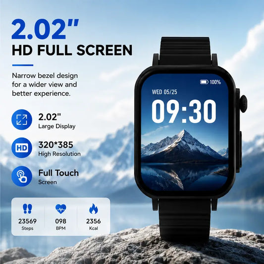 Smart Watch for Men & Women, 2.02" HD Full Screen with Bluetooth Calling, Fitness Tracker, 2 Interchangeable Straps & Charging Cable, Compatible with iPhone & Android