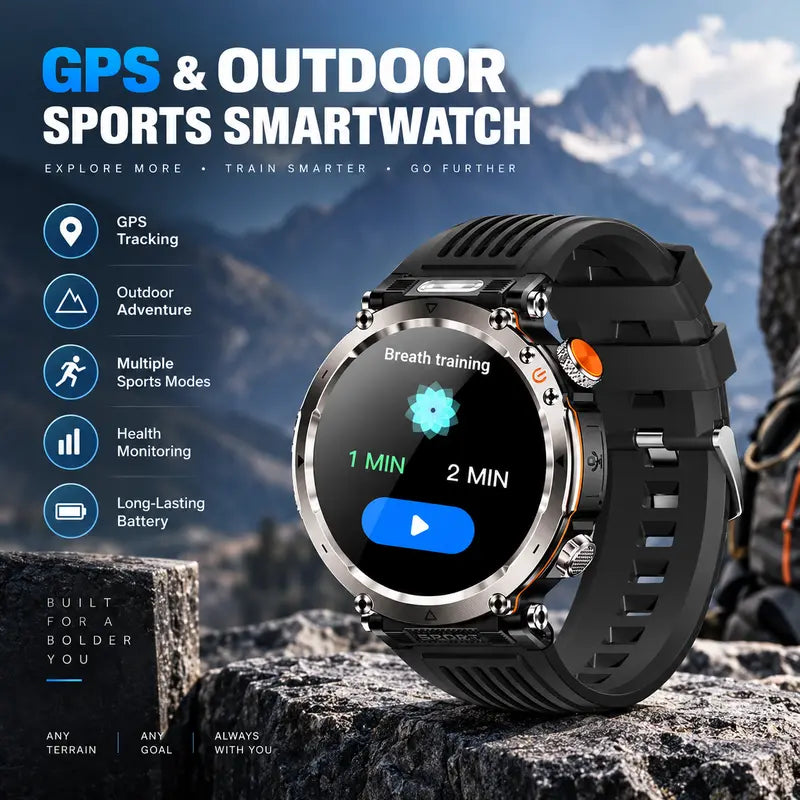 HDM Outdoor Smartwatch, 1.7 Inch Round Touchscreen, Bluetooth Calling, Fitness Tracker, Magnetic Charging, IP68, iOS & Android Compatible