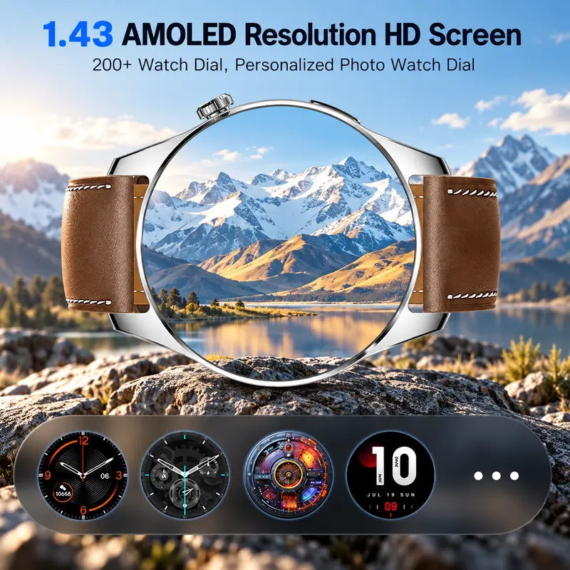 Smartwatch for Men & Women, 1.43" AMOLED Touchscreen, Bluetooth Calling, 120 Sports Modes, Health Monitoring & Sleep Tracking, Music Control, 128MB Storage, Rechargeable Long-Lasting Battery, Android Devices Compatible, Fast Charging Support