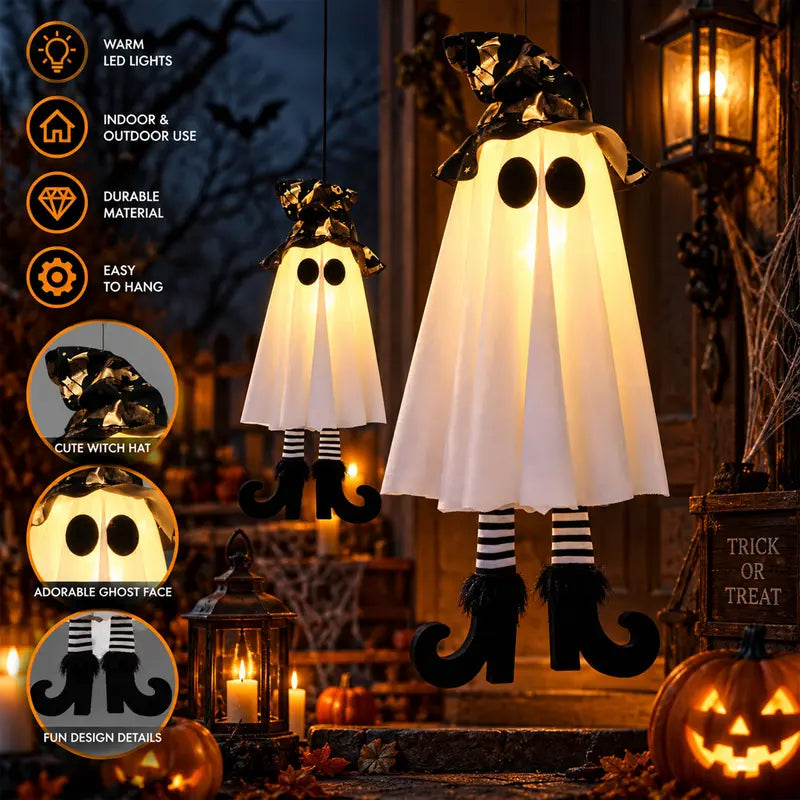7PCS Halloween LED Decorations Set - Ghost Hanging Ornaments, Light-Up Skull Props, Spider Tealight Candles - Spooky Festive Decor for Home Room, Haunted House Events