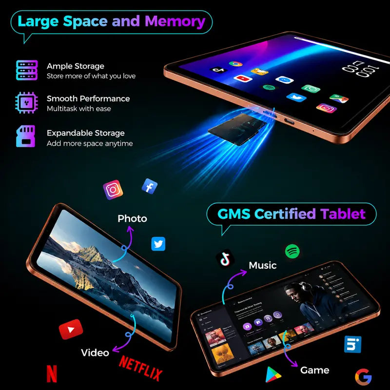 HDM 10.1 Inch Android Tablet Bundle with Keyboard, Mouse, Stylus and Case, 256GB Storage Expandable, 5000mAh, WiFi Tablet for Students, Family and Office