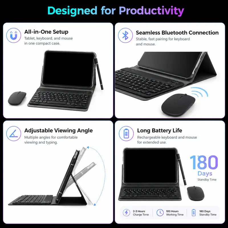 HDM 10.1 Inch Android Tablet Bundle with Keyboard, Mouse, Stylus and Case, 256GB Storage Expandable, 5000mAh, WiFi Tablet for Students, Family and Office