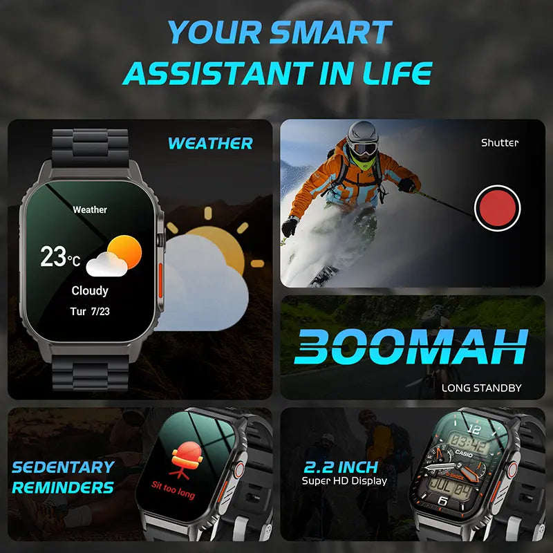 HDM New Arrival Fitness Wearable Smartwatch - Black Steel & Silicone Strap, Upgraded IP68 Waterproof, Bluetooth Calling, 24/7 HR+SpO2 Monitoring, 120+ Sports Modes, Alarm Clock, Music Player, 300mAh Long Battery, Fast Charging for iOS & Android