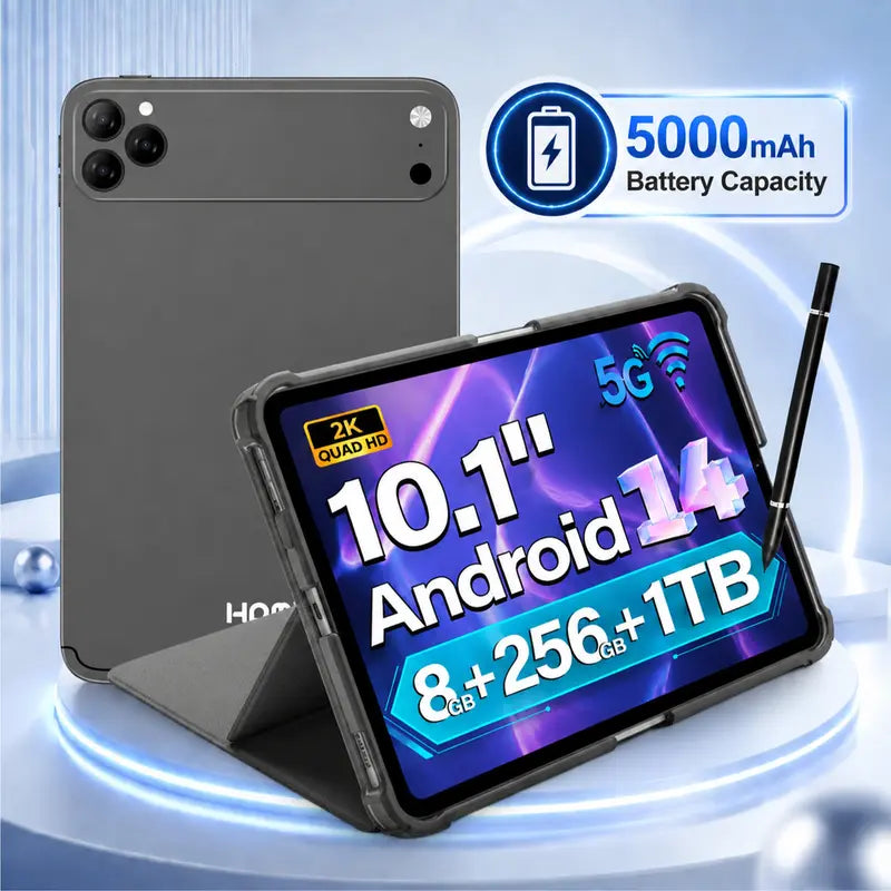HDM 10.1 Inch Android Tablet Bundle with Keyboard, Mouse, Stylus and Case, 256GB Storage Expandable, WiFi Tablet for Students, Family and Office