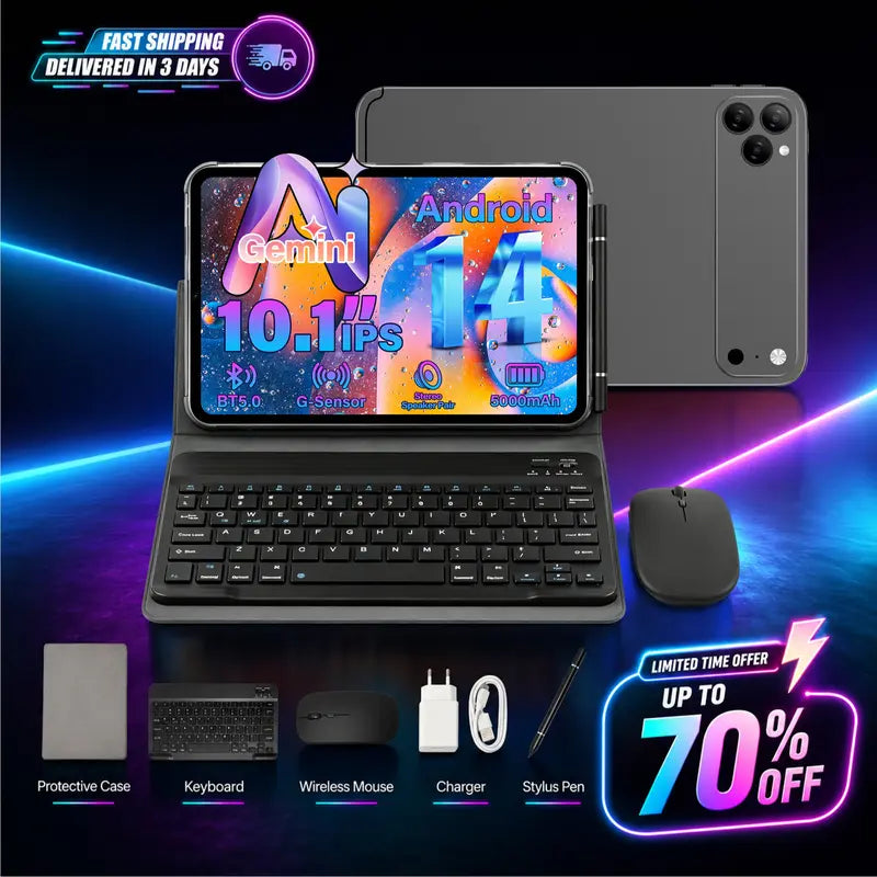 HDM 10.1 Inch Android Tablet Bundle with Keyboard, Mouse, Stylus and Case, 256GB Storage Expandable, 5000mAh, WiFi Tablet for Students, Family and Office